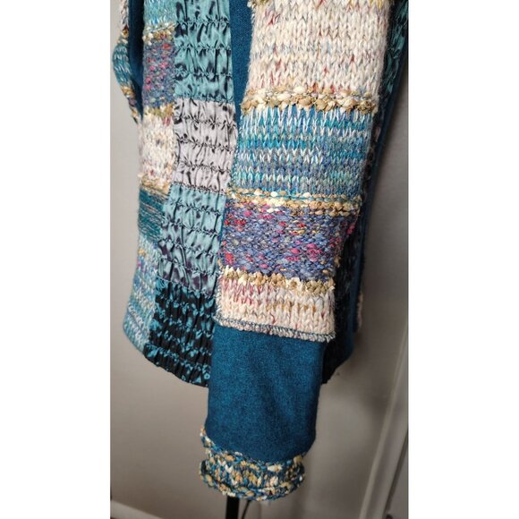 Lulu H Medium Wool Blend Blazer Jacket Teal Blue Patchwork Boho Lagenlook Ruched - Picture 4 of 8